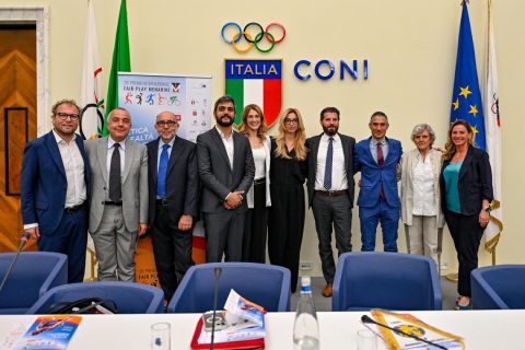 Press conference to present the 28th Menarini International Fair Play Award, from left to right: Luca Lotti; Vincenzo Parrinello; Antonello Biscini; Cosimo Guccione; Rachele Sangiuliano; Silvia Salis; Ennio Troiano; Omar Schillaci; Anna Ravoni; Valeria Speroni Cardi;